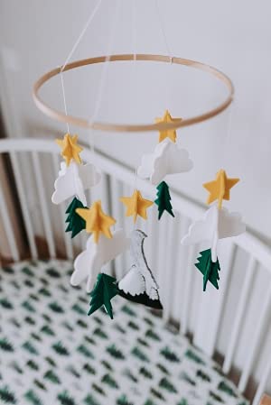 Woodland Nursery Set - Includes Starry Woodland Night Long Evergreen Mobile + Wooden Baby Crib Mobile Arm + Woodland Forest Animals Fitted Crib Sheets for Standard Crib - for Boys & Girl