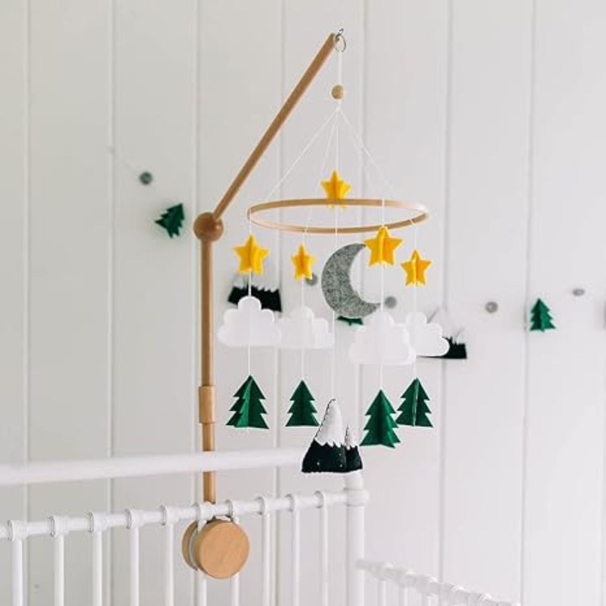 Woodland Nursery Set - Includes Starry Woodland Night Long Evergreen Mobile + Wooden Baby Crib Mobile Arm + Woodland Forest Animals Fitted Crib Sheets for Standard Crib - for Boys & Girl