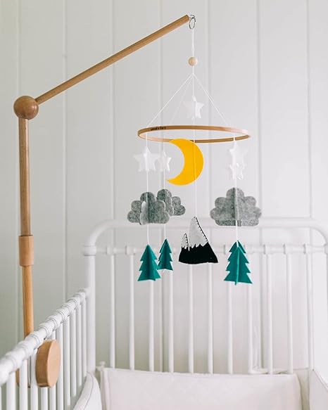 Woodland Nursery Set - Includes Starry Woodland Night Long Evergreen Mobile + Wooden Baby Crib Mobile Arm + Woodland Forest Animals Fitted Crib Sheets for Standard Crib - for Boys & Girl