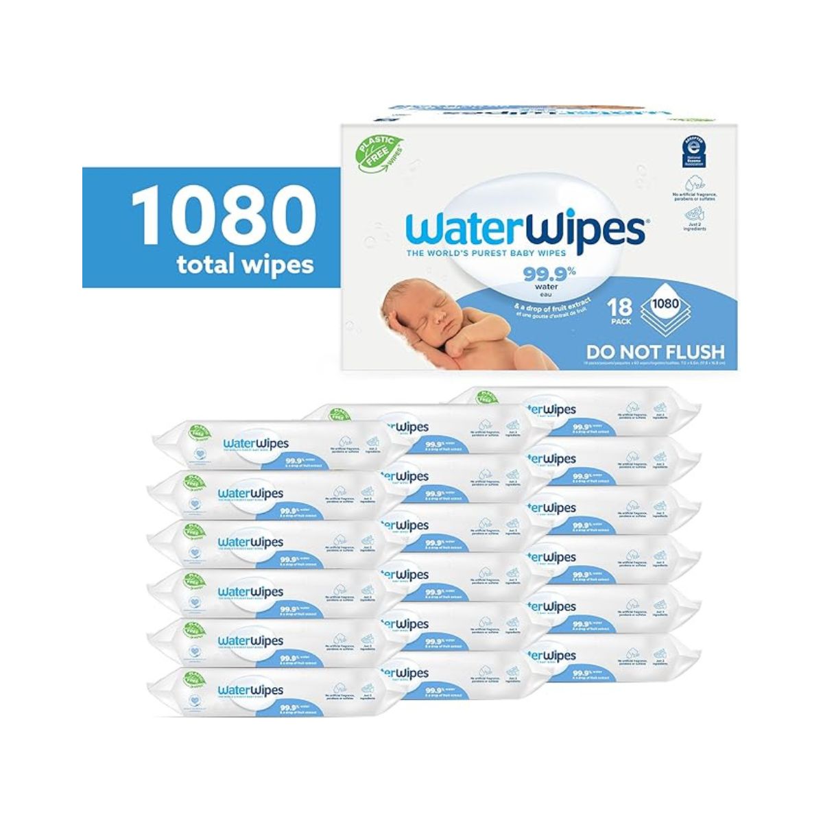 WaterWipes Plastic-Free Original Baby Wipes, 99.9% Water Based Wipes, Unscented & Hypoallergenic for Sensitive Skin, 1080 Count (18 packs)