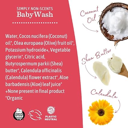 Earth Mama Simply Non-Scents Baby Wash Foaming Hand Soap, Organic All-Purpose Fragrance Free Body Wash for Sensitive Skin, Castile Soap with Coconut Oil, Shea Butter, Calendula, & Aloe, 34floz (2-Pk)