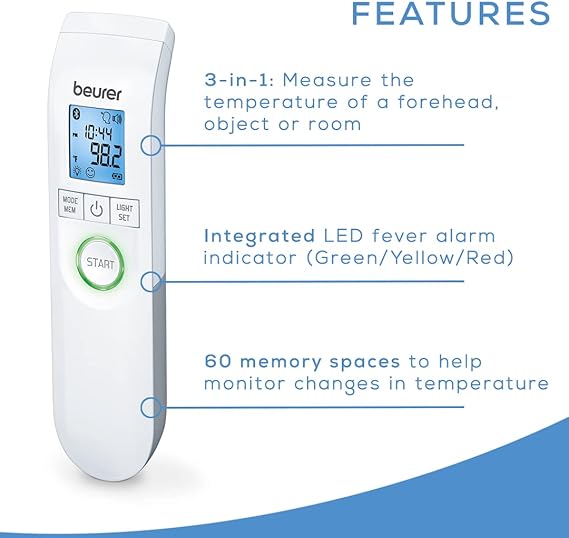 Beurer Bluetooth Non-Contact Thermometer, Forehead, Object, Room Temperature, High Accuracy, XL Blue Illuminated Display, 60 Memory Spaces, White,1 Count (Pack of 1),FT95