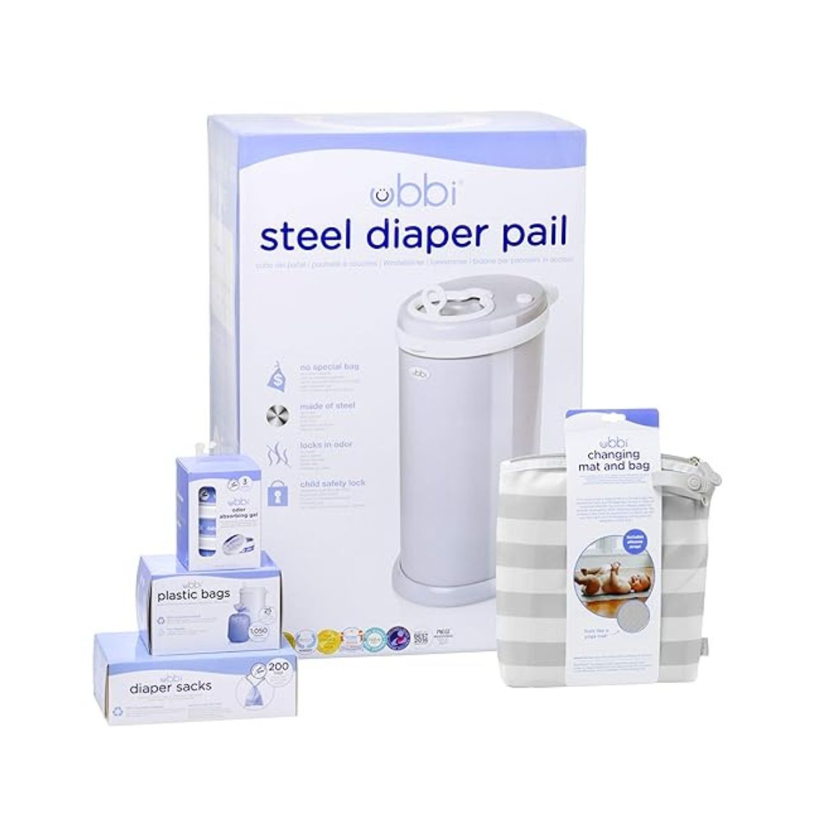 Ubbi Diaper Changing Value Gift Set, Baby Registry Gift, Includes Gray Diaper Pail, Absorbing Gels, Travel Changing Mat & Bag, Diaper Pail Waste Bags and On-the-Go Waste Sacks