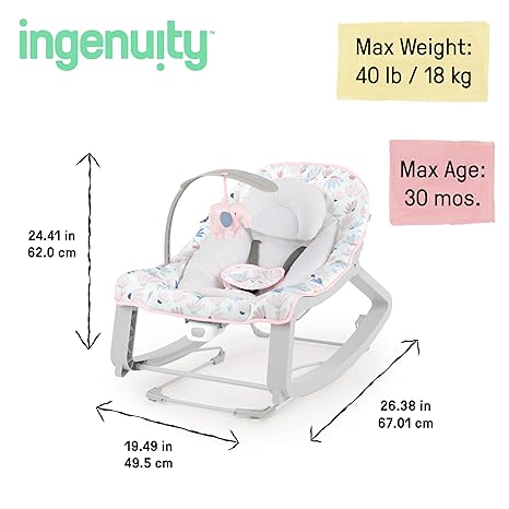 Ingenuity Keep Cozy 3-in-1 Grow with Me Vibrating Baby Bouncer Seat & Infant to Toddler Rocker, Vibrations & -Toy Bar, 0-30 Months Up to 40 lbs (Pink Burst)