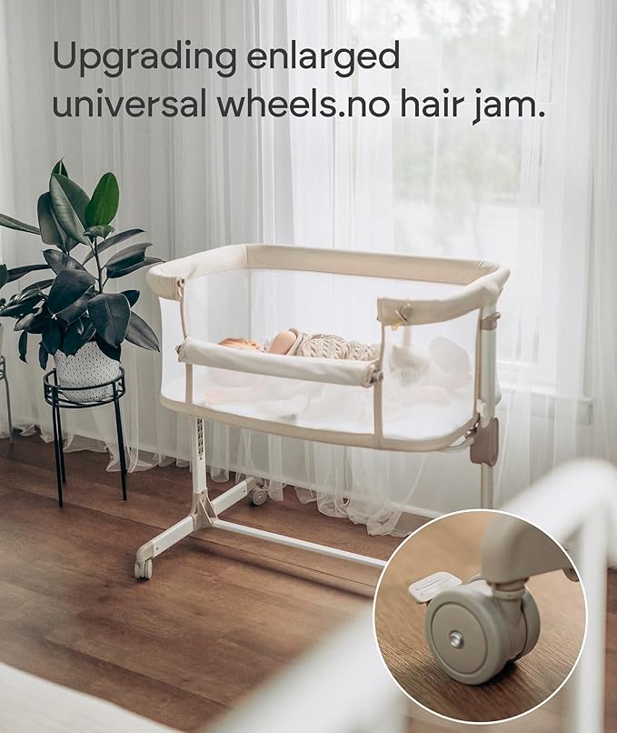 Fodoss Baby Bassinets Bedside Sleeper - All Mesh Bedside Bassinet with Wheels, 7 Height Adjustable Baby Bassinet for Infants, Beige