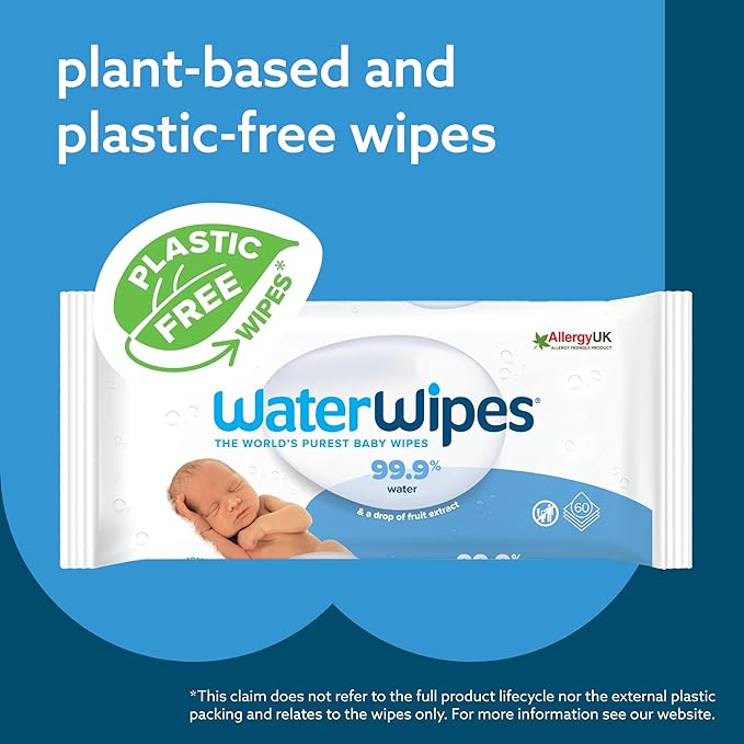 WaterWipes Plastic-Free Original Baby Wipes, 99.9% Water Based Wipes, Unscented & Hypoallergenic for Sensitive Skin, 1080 Count (18 packs)