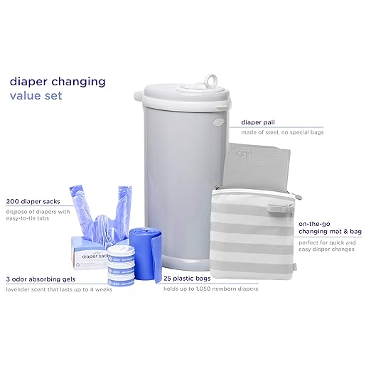 Ubbi Diaper Changing Value Gift Set, Baby Registry Gift, Includes Gray Diaper Pail, Absorbing Gels, Travel Changing Mat & Bag, Diaper Pail Waste Bags and On-the-Go Waste Sacks