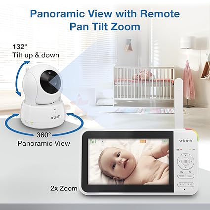 VTech VM924 5" Screen Remote Pan-Tilt-Zoom Baby Monitor with Camera&Audio,Up to 31Hrs Battery for Audio&17Hrs Video Streaming, Long Range Up to 1000ft,Night Vision,Soothing Sound,Temperature Sensor