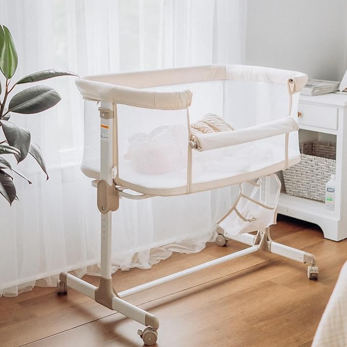 Fodoss Baby Bassinets Bedside Sleeper - All Mesh Bedside Bassinet with Wheels, 7 Height Adjustable Baby Bassinet for Infants, Beige