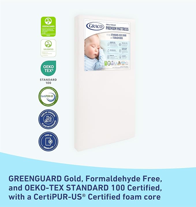 Graco Premium Crib & Toddler Mattress – Ideal for Baby Cribs & Toddler Beds, GREENGUARD Gold, OEKO-TEX, CertiPUR-US Certified, Waterproof and Machine Washable Cover. Fits Standard Crib & Toddler Beds