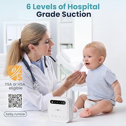 Runstar Nasal Aspirator for Baby Electric Nose Sucker with 2 Modes 6 Levels of Hospital-Grade Suction, BPA Free Rechargeable Nose Cleaner AUTO Booger Remover for Toddler Babies-FSA&HSA Eligible, White