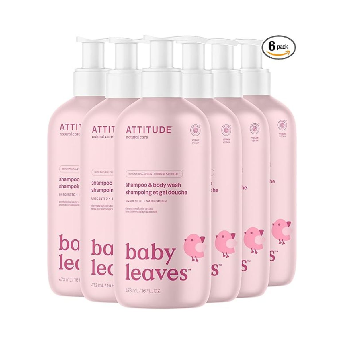 ATTITUDE 2-in-1 Shampoo and Body Wash for Baby, EWG Verified, Dermatologically Tested, Made with Naturally Derived Ingredients, Vegan, Unscented, 16 Fl Oz (Pack of 6)