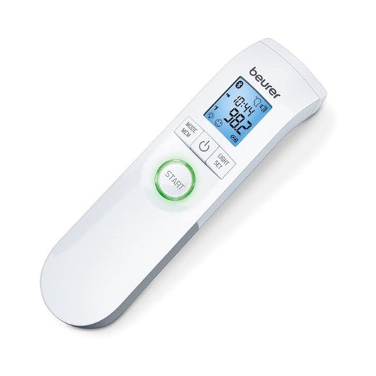 Beurer Bluetooth Non-Contact Thermometer, Forehead, Object, Room Temperature, High Accuracy, XL Blue Illuminated Display, 60 Memory Spaces, White,1 Count (Pack of 1),FT95