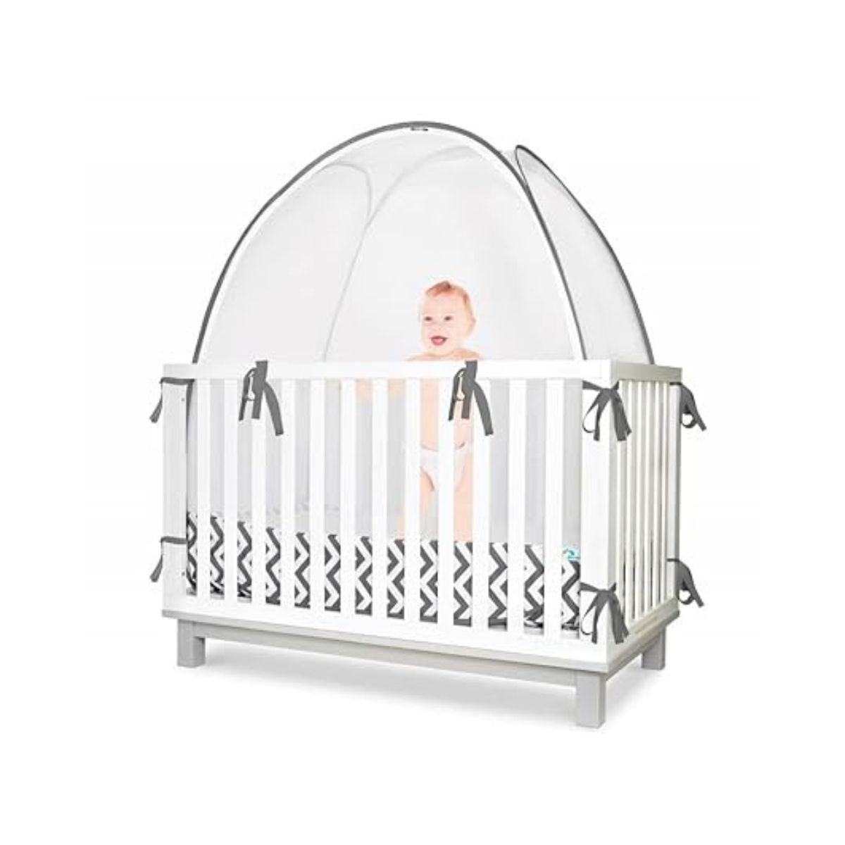 KinderSense® - Baby Safety Crib Tent - Premium Toddler Crib Topper to Keep Baby from Climbing Out - See Through Mesh Crib Net - Mosquito Net - Pop-Up Crib Tent Canopy to Keep Infant in (Grey Chevron)