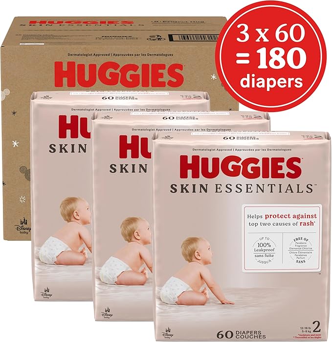 Huggies Size 1 Diapers, Skin Essentials Baby Diapers, Size 1 (8-14 lbs), 198 Count (3 Packs of 66)