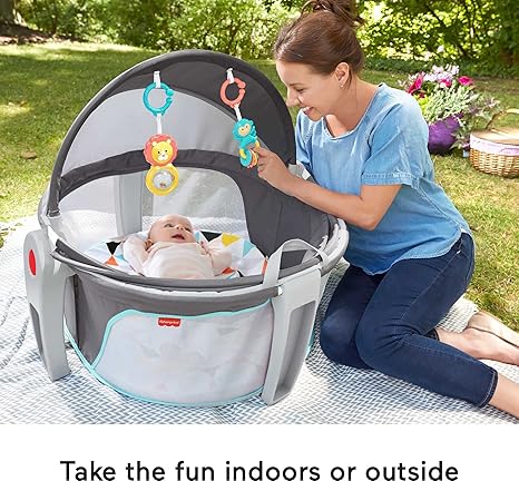 Fisher-Price Portable Bassinet On-The-Go Baby Dome, Travel Play Space with Developmental Newborn Toys & Canopy, Windmill