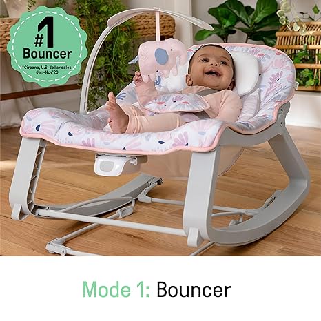 Ingenuity Keep Cozy 3-in-1 Grow with Me Vibrating Baby Bouncer Seat & Infant to Toddler Rocker, Vibrations & -Toy Bar, 0-30 Months Up to 40 lbs (Pink Burst)