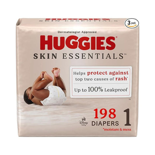 Huggies Size 1 Diapers, Skin Essentials Baby Diapers, Size 1 (8-14 lbs), 198 Count (3 Packs of 66)